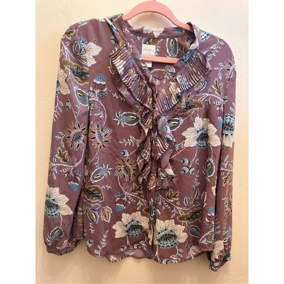 Chico’s Mauve Pink Floral Button Up Ruffle Top Size Small or Chicos 0 - Picture 1 of 4